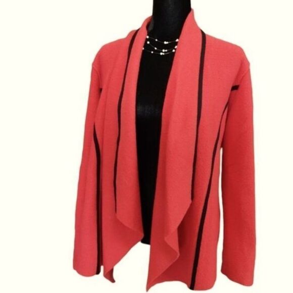 Vintage Chico'S Jacket 100% Wool Blazer Open Cardigan Wide Lapels Red Black Sz 3 - Picture 12 of 13